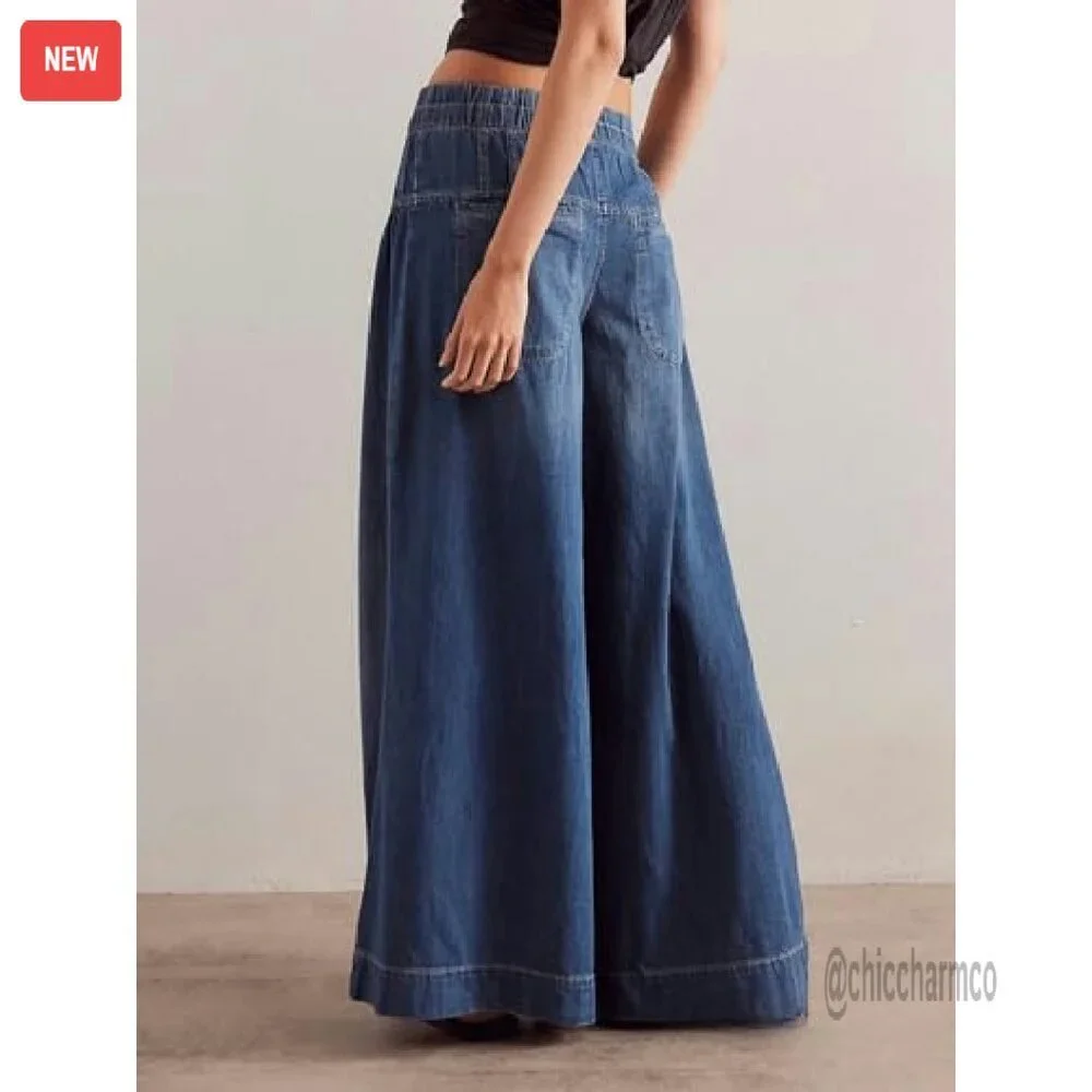 Women's Baggy Wide Leg Denim Pants Drawstring Midi Waisted Flare Jeans - Picture 6 of 8